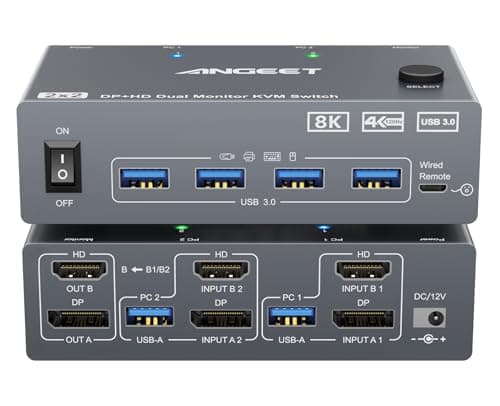 KVM Switch 2 Monitors 2 Computers 8K@60Hz, 4K@144Hz, ANGEET HDMI and Displayport Dual Monitor KVM Switch with 4 USB 3.0 Port for Keyboard Mouse...