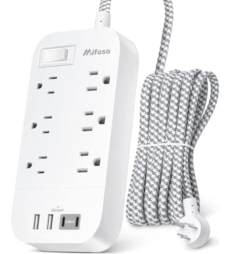 Power Bar Extension Cord 10 FT - Flat Plug, 6 Outlets 4 USB Ports Outlet Extender with Overload Protection, Wall Mount, Desktop Charging Station...