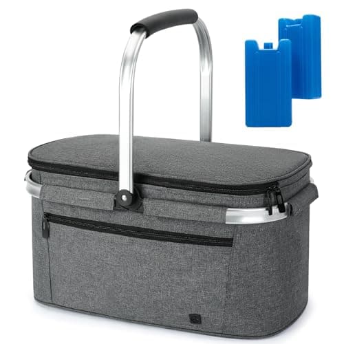ALLCAMP Picnic Basket - 2 Ice Box Included 32L Insulated Cooler, Thickening Foldable Picnic Basket with Removable Baskets & Sewn-in Frame, Basket...