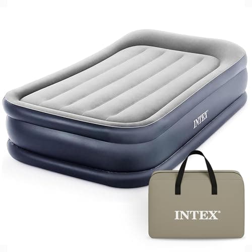 INTEX 64131ED Dura-Beam Plus Deluxe Pillow Rest Air Mattress: Fiber-Tech – Twin Size – Built-in Electric Pump – 16.5in Bed Height – 300lb Weight...