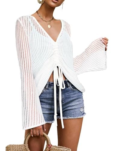 Bellcoco Women's Crochet Cover Ups V Neck Bell Long Sleeve Tie Front Drawstring Ruched Shirt Summer Beach Crop Tops White,M