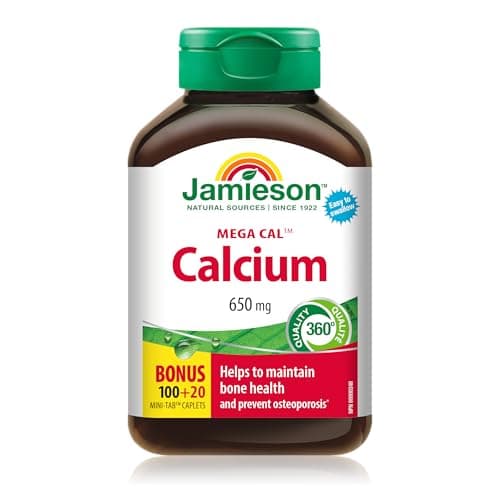 Caplets Jamieson Mega Cal Calcium 650 mg, combine 5 formes de calcium, aide à prévenir la perte osseuse et l'ostéoporose, soutient la santé des os et des dents....