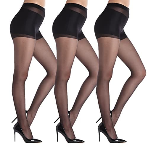 YAGAXI 20D Sheer Tights for Women - 3 Pairs Women's Control Top Pantyhose（Black, Medium）