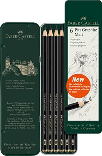 Faber-Castell Pitt Ensemble de crayons graphite mat, boîte en métal de 6 crayons graphite, ensemble de crayons pour croquis et dessin (B, 4B, 6B, 8B, 10B, 12B)