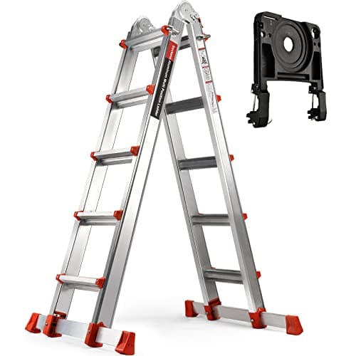 Soctone A Frame 5 Step Extension Ladder, 17 Ft Multi-Position Ladder with Removable Tool Tray & Stabilizer Bar, 330 lbs Aluminum Ladder