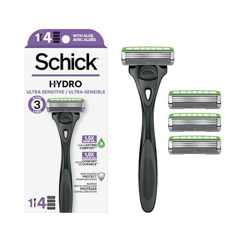 Schick Hydro Skin Ultra Sensitive Razor Rasoir à 3 lames pour homme avec manche et 4 recharges, 1 unité, l'emballage peut varier