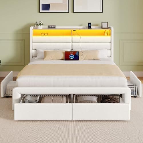 Cadre de lit double à sept tables avec 4 tiroirs de rangement et station de chargement, cadre de lit double à plate-forme rembourrée avec tête de lit de rangement et lumière LED, sans...
