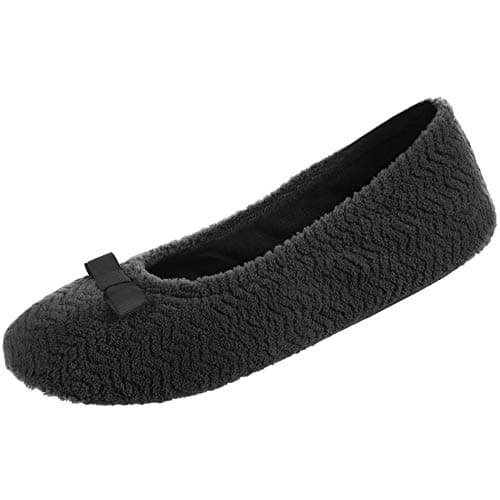 isotoner Women's Chevron Microterry Ballerina Slipper with Moisture Wicking Lining, Ribbon Bow and Suede Sole for Comfort, Black, 9.5-10.5