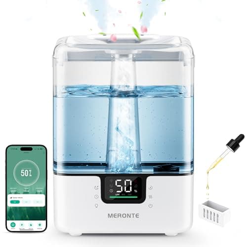 Humidificateurs intelligents MERONTE 6L pour chambre à coucher, buse réglable à 360°, minuterie, arrêt automatique, commande tactile/APP/vocale, veilleuse 7 couleurs, remplissage par le haut...