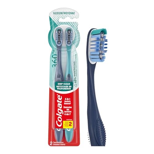 Brosse à dents Colgate 360 ​​Deep Clean pleine grandeur moyenne (paquet de 2) - Élimination des bactéries 4 en 1 avec grattoir à joues et à langue - Soins bucco-dentaires professionnels pour un...