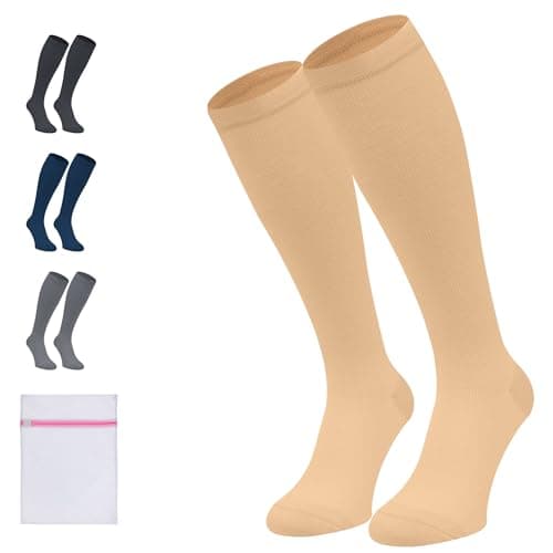 360 RELIEF 2 paires de chaussettes de compression pour femmes et hommes - Bas de compression 15-20 mmHg Meilleur soutien pour la course, l'infirmière, les voyages, le vol, S/M, Beige...