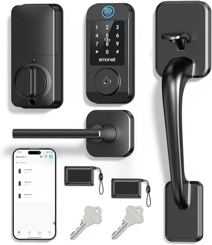 Ensemble de poignée de serrure de porte avant SMONET Smart Lock, pêne dormant intelligent d'entrée sans clé WiFi intégré, serrures de porte à clavier pour porte d'entrée, application à distance...