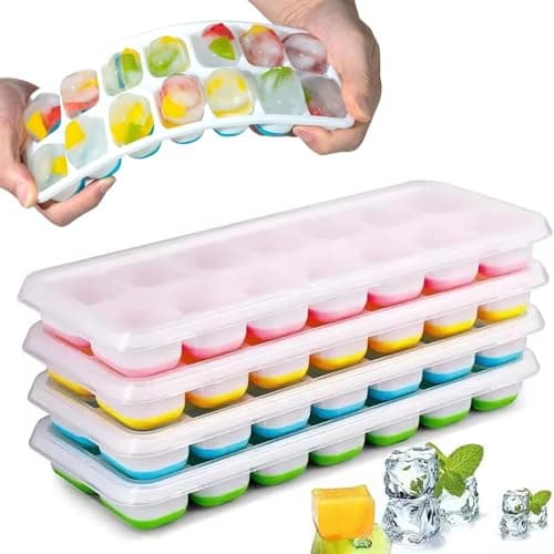 Bacs à glaçons à dégagement facile avec couvercles (paquet de 4) – Bac à glaçons flexible en silicone à 14 cubes pour congélateur, sans BPA et certifié LFGB, conception empilable pour...