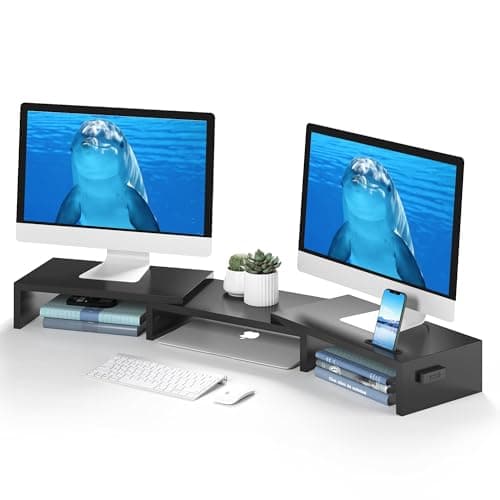 BONTEC Dual Monitor Stand for Desk, Adjustable Length and Angle Monitor Stand Riser with Smartphone Holder, Desk Shelf for Top of Desk, Computer...