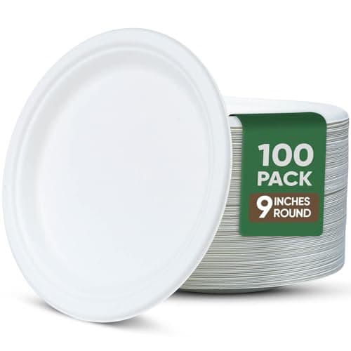 TaidMiao Lot de 100 assiettes en carton de 22,9 cm – Vaisselle 100 % compostable | Assiettes jetables résistantes aux fuites et à la graisse pour les fêtes, lavables au micro-ondes, en vrac...