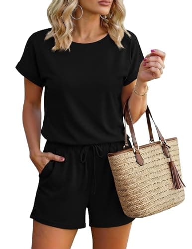 Ekouaer Barboteuse pour femme, combinaison courte d'été, tenue de vacances avec poches, noir L