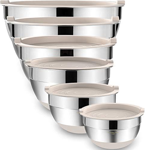 Umite Chef Mixing Bowls with Airtight Lids 6 Piece Stainless Steel Metal Nesting Storage Bowls, Non-Slip Bottoms Size 7, 3.5, 2.5, 2.0,1.5, 1QT,...