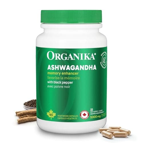 Organika Canadian-Made Ashwagandha with Black Pepper- Enhanced Absorption, Memory Support, Sleep Aid, Adaptogenic- 90vcaps