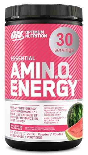 Optimum Nutrition Amino Energy Powder : Pré-entraînement et énergie à tout moment avec du thé vert, extrait de café vert + BCAA - Pastèque : 30 portions [270g]...