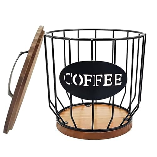 MYTOAU Porte-dosette de café avec couvercle, porte-gobelet K de grande capacité et base en bois rustique, panier de rangement en fil noir pour comptoir de cuisine et café...
