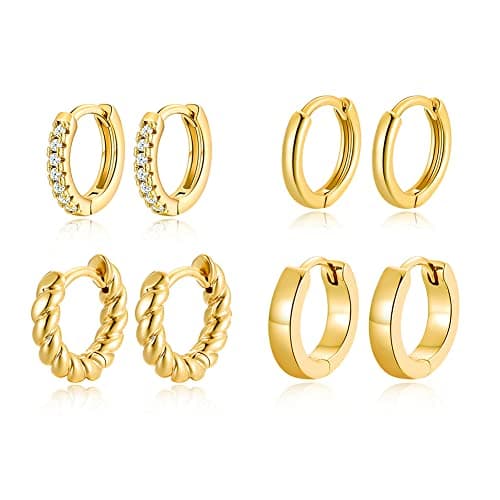4 paires de boucles d'oreilles créoles en or 14 carats, ensemble de petites boucles d'oreilles Huggie torsadées en zircone brillante pour plusieurs piercings, manchette, bijoux de cartilage pour femmes