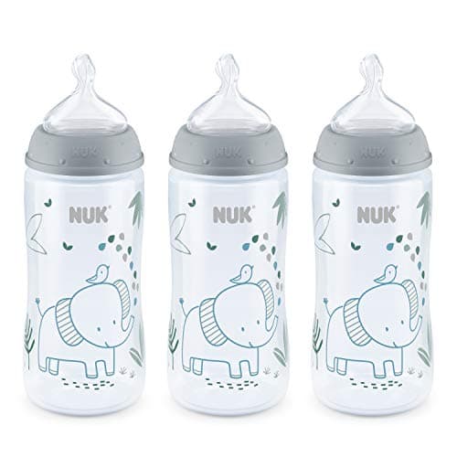 NUK Smooth Flow Anti-Colic Baby Bottle, 10 oz (300 mL), Grey Elephant, 3 Pack