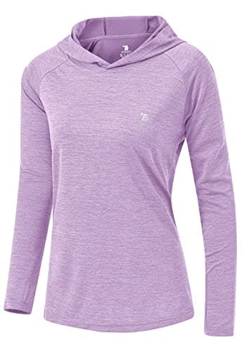 JHMORP Chemises à manches longues pour femmes UPF 50+ SPF UV Protection solaire Chemises à capuche Coupe sèche Légère Randonnée Pêche Course à pied T-shirts (Violet clair, CA L)