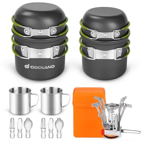Odoland 16pcs Camping Cookware Mess Kit for 2 People, Lightweight Pot Pan Mini Stove with 2 Cups, Fork Spoon Kits for Backpacking, Outdoor Camping...
