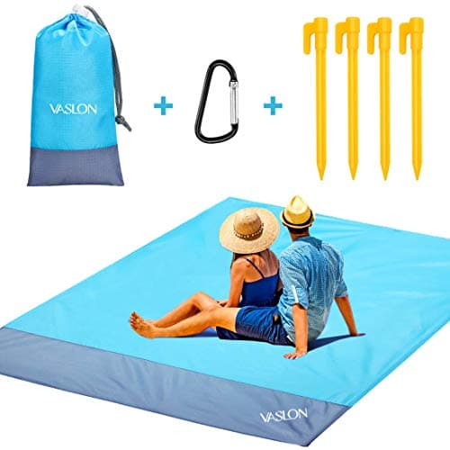 VASLON Couverture de plage 79 x 55 pouces, résistante au sable et à l'eau, couverture de pique-nique de poche pour les voyages en plein air, le camping, les festivals, les sports (bleu)