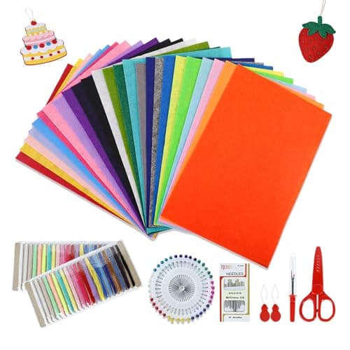 WVD 25 feuilles de feutre, carrés de tissu doux 7,8 x 11 pouces, feutre artisanal épais, matériel de couture pour l'artisanat, kit de projet de bricolage avec ciseaux à fils,...
