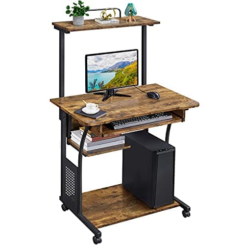 Yaheetech 3 Tiers Rolling Computer Desk with Keyboard Tray and Printer Shelf for Home Office, Mobile Computer Desk for Small Space, Retro Computer...