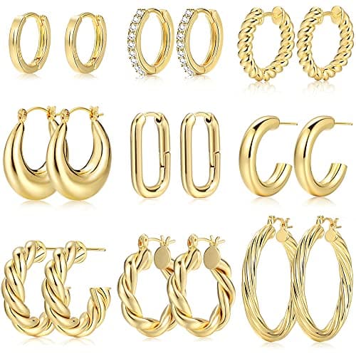 9 paires de boucles d'oreilles créoles en or pour femme, ensemble de boucles d'oreilles créoles torsadées légères plaquées or 14 carats pour cadeau (01-9 paires d'or)