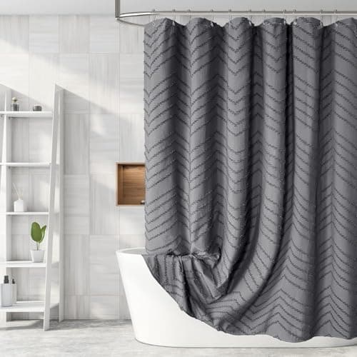 Rideau de douche gris Boho touffeté à chevrons rayé, rideaux de douche en tissu texturé shabby chic pour salle de bain, rideau de douche imperméable de ferme moderne...