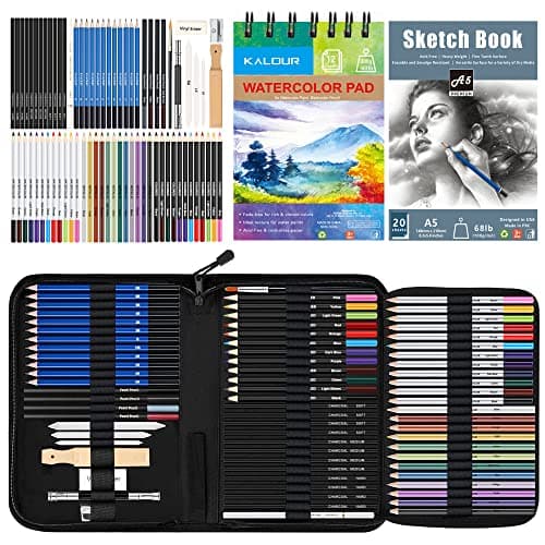 Ensemble de kit de croquis de dessin Kalour 76 - Fournitures d'art professionnelles avec carnet de croquis et papier aquarelle - Comprend...