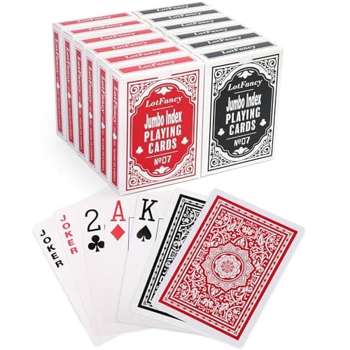 Cartes à jouer LotFancy, Index Jumbo, 12 jeux de cartes (6 noires 6 rouges), gros caractères, format poker, pour Texas Hold'em, Blackjack, Pinochle, Euchre...
