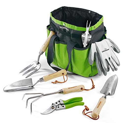 WORKPRO Garden Tools Set, 7 Piece, Stainless Steel Heavy Duty Gardening Tools with Wooden Handle, Including Garden Tote, Gloves, Trowel, Hand...