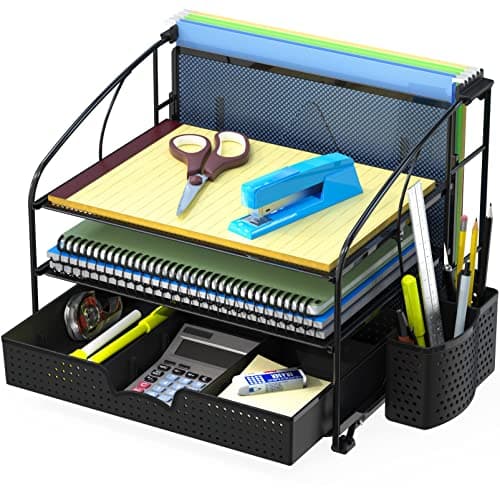Simple Houseware 3 Tier Desk Organizer with Sliding Drawer, Hanging File Holder and Pen Holder Accessory, Black
