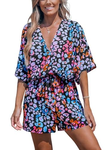 CUPSHE Combinaison à lacets imprimé léopard à manches courtes pour femme, tenue jambe large, rose/bleu, L