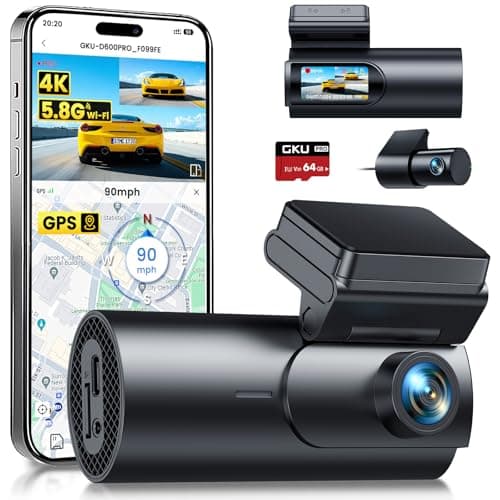 GKU Dash Cam Front and Rear Camera,4K+1080P Dual Dash Camera for Cars Built-in 5GHz WiFi GPS,with 64G SDcard,1.47" Display Dashcam, 24HParking...