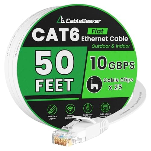Câble Ethernet Cat 6 50 pieds, support Cat8 Cat7, câble réseau Internet plat haut débit 10 Gbps avec 25 clips + 4 sangles, fil d'ordinateur blanc, LAN RJ45...