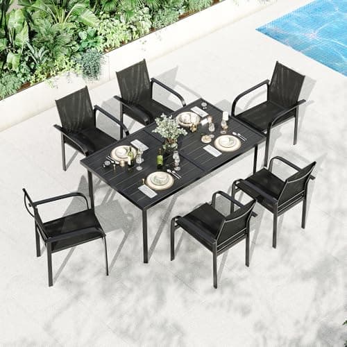 IDEALHOUSE 7 Piece Patio Dining Set, Outdoor Patio Furniture Set with Metal Patio Table and Stackable Chairs, Outdoor Dining Set of 6 for Backyard,...
