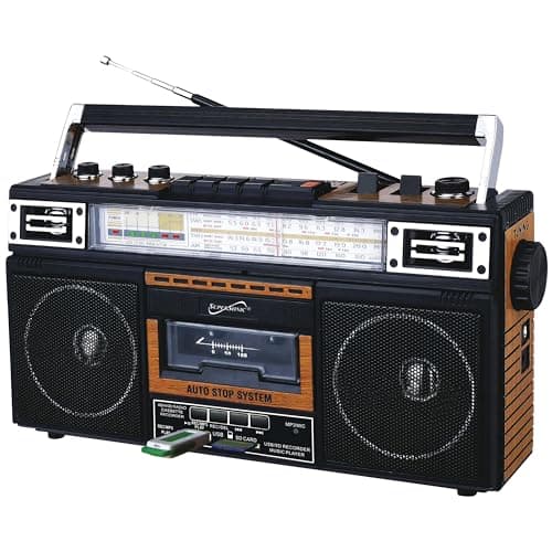 Supersonic - Radio rétro 4 bandes et lecteur de cassettes avec Bluetooth, Boombox - Grain de bois (SC-3201BT)