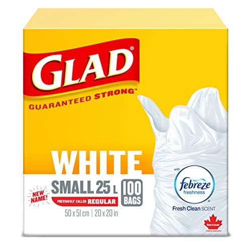 Sacs à ordures Glad White - Petits 25 litres - Parfum frais et propre Febreze, 100 sacs poubelles, fabriqués au Canada à partir de composants mondiaux