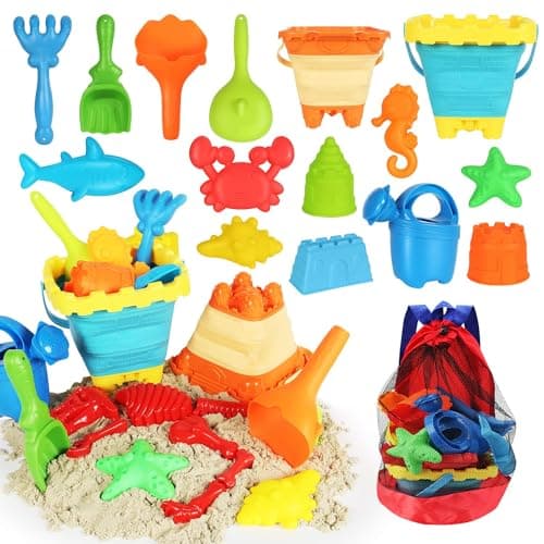 Ensemble de jouets de sable de plage Elovien, jouets de bac à sable 24 pièces avec sac à dos en filet, inclus 2 seaux pliables, moules à sable, S...