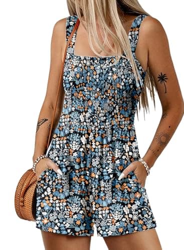 Dokotoo Womens Rompers for Summer Short Overalls Blue Jumpsuits for Women Casual Trendy Boho Printed Smocked Wide Leg One Piece Sleeveless Jumpsuit...