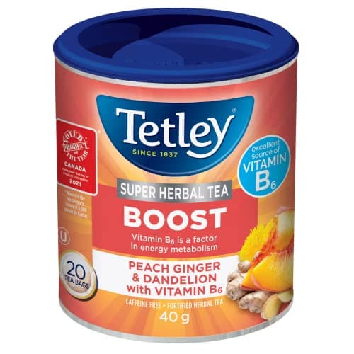 Super Tisane Boost – Pêche, Gingembre et Pissenlit avec Vitamine B6-20 Sachets de Thé, 40 Grammes, Naturellement Sans Caféine