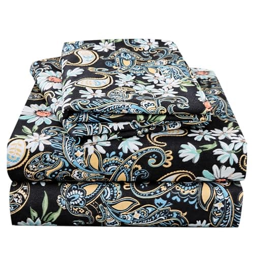 JSD Queen – parure de lit 4 pièces à imprimé floral cachemire, draps en microfibre douce à motif noir, poche très profonde de 15 pouces