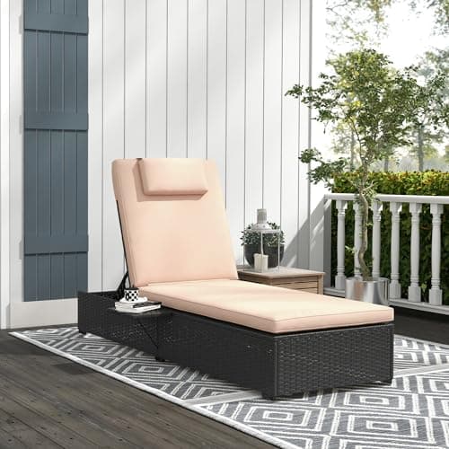 Outsunny Outdoor Patio Lounger with Cushion, 5-Level Reclining Wicker Chaise Lounge Chair with Tea Tray, for Poolside, Patio, Deck, 264lb Weight...