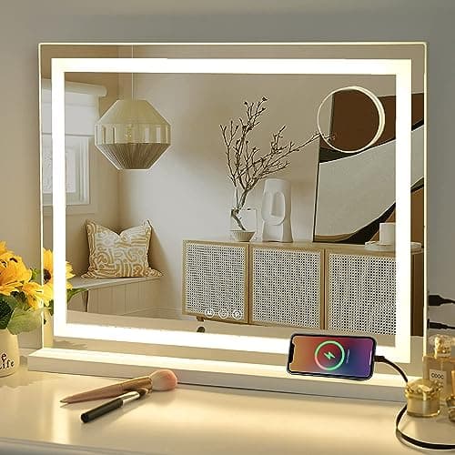 Miroir de courtoisie Sucedey avec lumières, miroir de maquillage 23" x 19", miroir Hollywood avec 3 modes de couleur et luminosité réglable, miroir zoom 10x amovible...