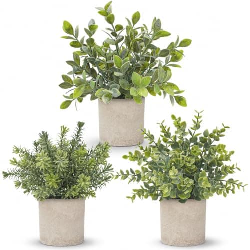 Der Rose 3 Pack Mini Potted Fake Plants Artificial Plastic Eucalyptus Plants for Home Office Desk Farmhouse Room Decor Indoor
